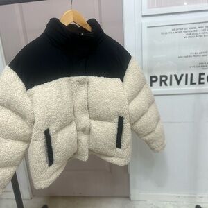 PRIV- Black and Cream Puffer Sherpa Jacket With Hidden Hood NWT